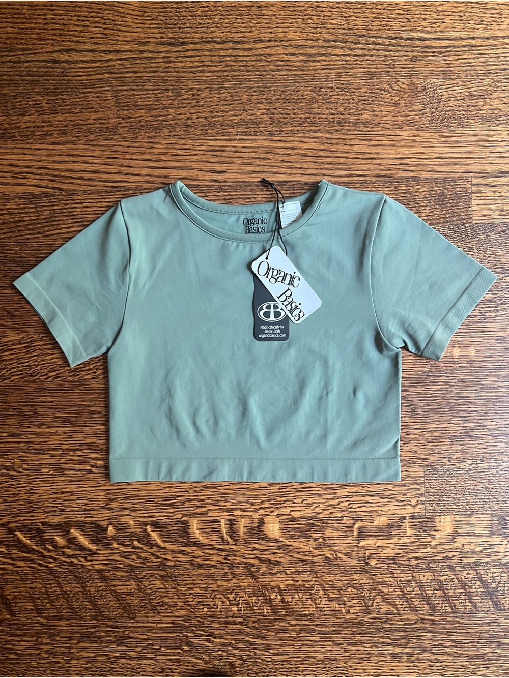 NWT Organic Basics Crop Top, Sage Green Tight Athletic Top Short Sleeves Crew